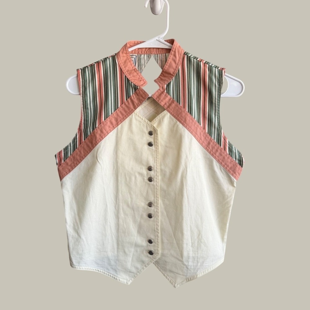 Vintage Wrangler Western Wear Sleeveless Blouse Striped Cutout Back Cream Medium